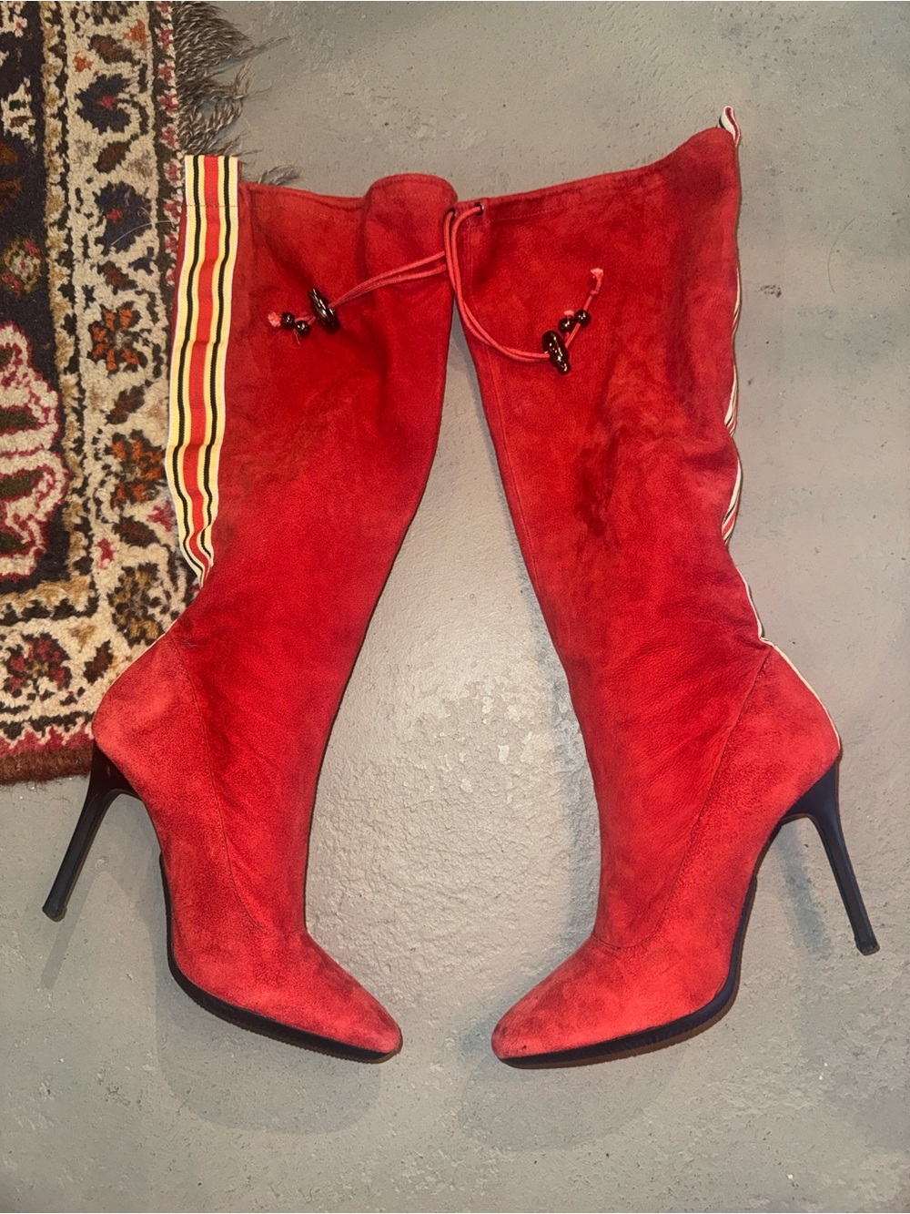 Y2K Steven by Steve Madden Red Suede Knee High Boot with Racing Stripe Detail